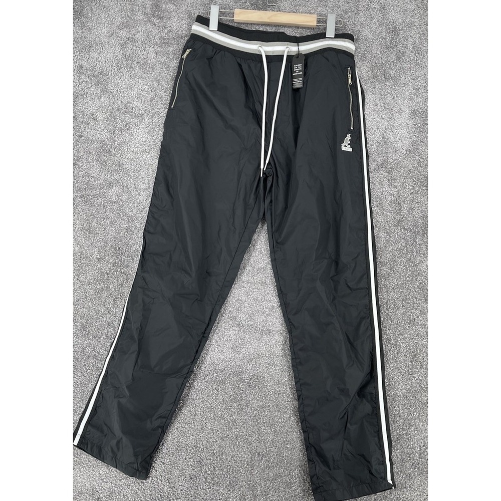 NWT Kangol Men's Nylon Track Pants Black White Stripe Zip Pockets Size Large